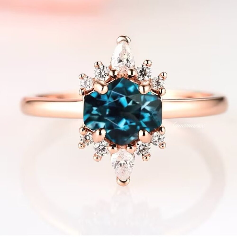 Hexagon London Blue Topaz Ring - 14K Rose Gold Vermeil Band - Size 8